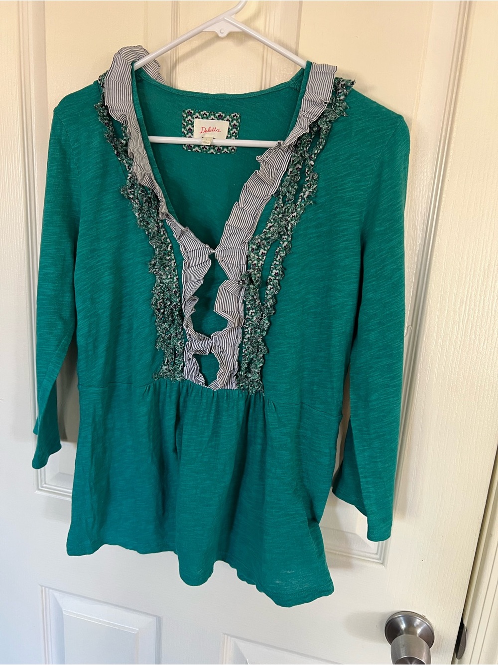 Deletta Anthropologie Teal Ruffle Trim Babydoll Top Quarter Sleeve Large - Picture 5 of 8
